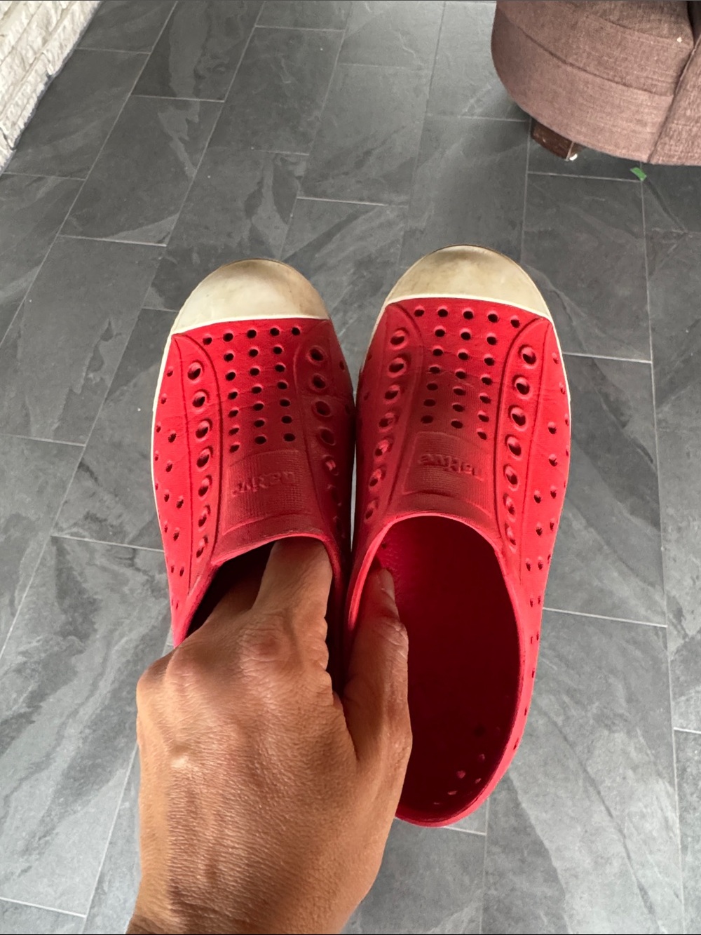 Native size 12 Red Slip-On Rubber Sneakers with White Toe Cap